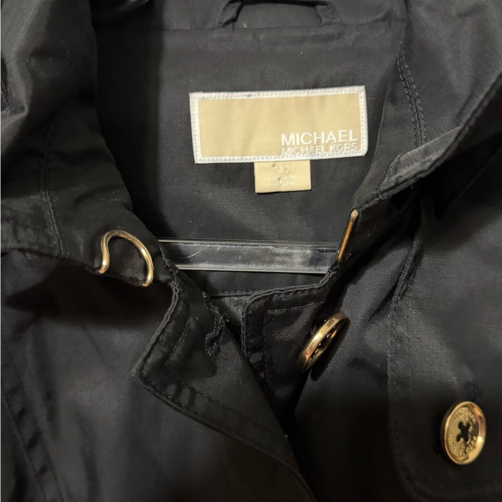 MICHAEL Michael Kors Black Trench Coat Size Small Gold Button Down Hooded - Picture 6 of 13